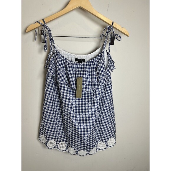 J Crew Blue White Gingham Plaid Ruffle Eyelet Tie Shoulder Top Blouse Size 4 NWT - Picture 2 of 10